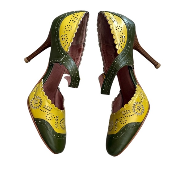 NYLA Mary Jane Colorblock Heels – Yellow/Green Leather with Cutout Floral Design - Picture 1 of 6